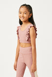 GY5385 Mauve Girls Ruffled Shoulder Ribbed Active Crop Top Detail