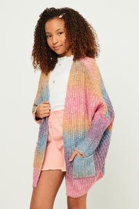 GY5386 Pink Girls Ombre Striped Chunky Knit Oversize Cardigan Front 2