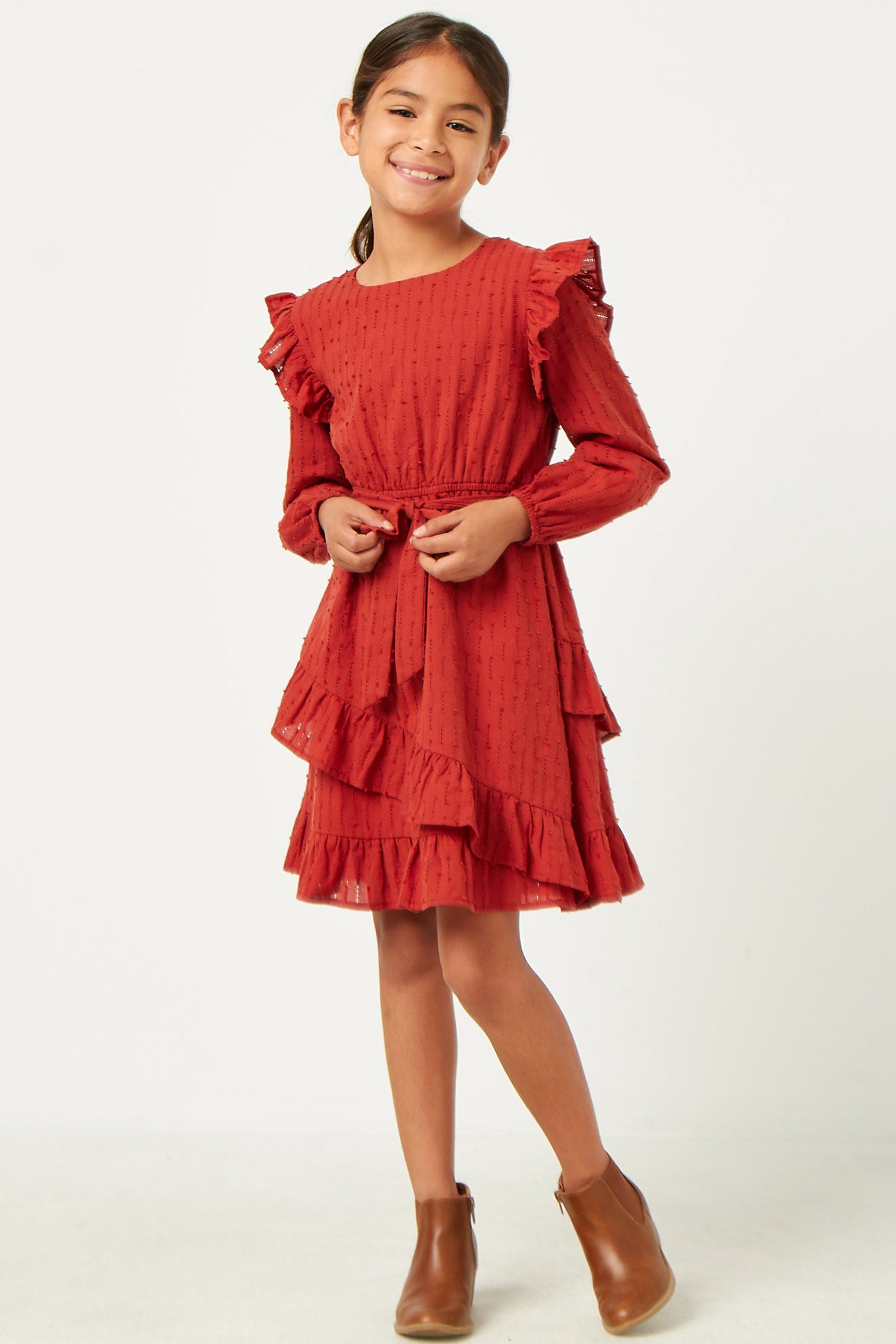 GY5398 RUST Girls Ruffled Asymmetric Skirt Belted Dress Front