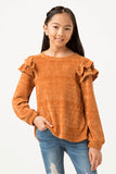 GY5410 CAMEL Girls Chenille Knit Ruffled Shoulder Top Front