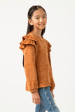 GY5410 CAMEL Girls Chenille Knit Ruffled Shoulder Top Side