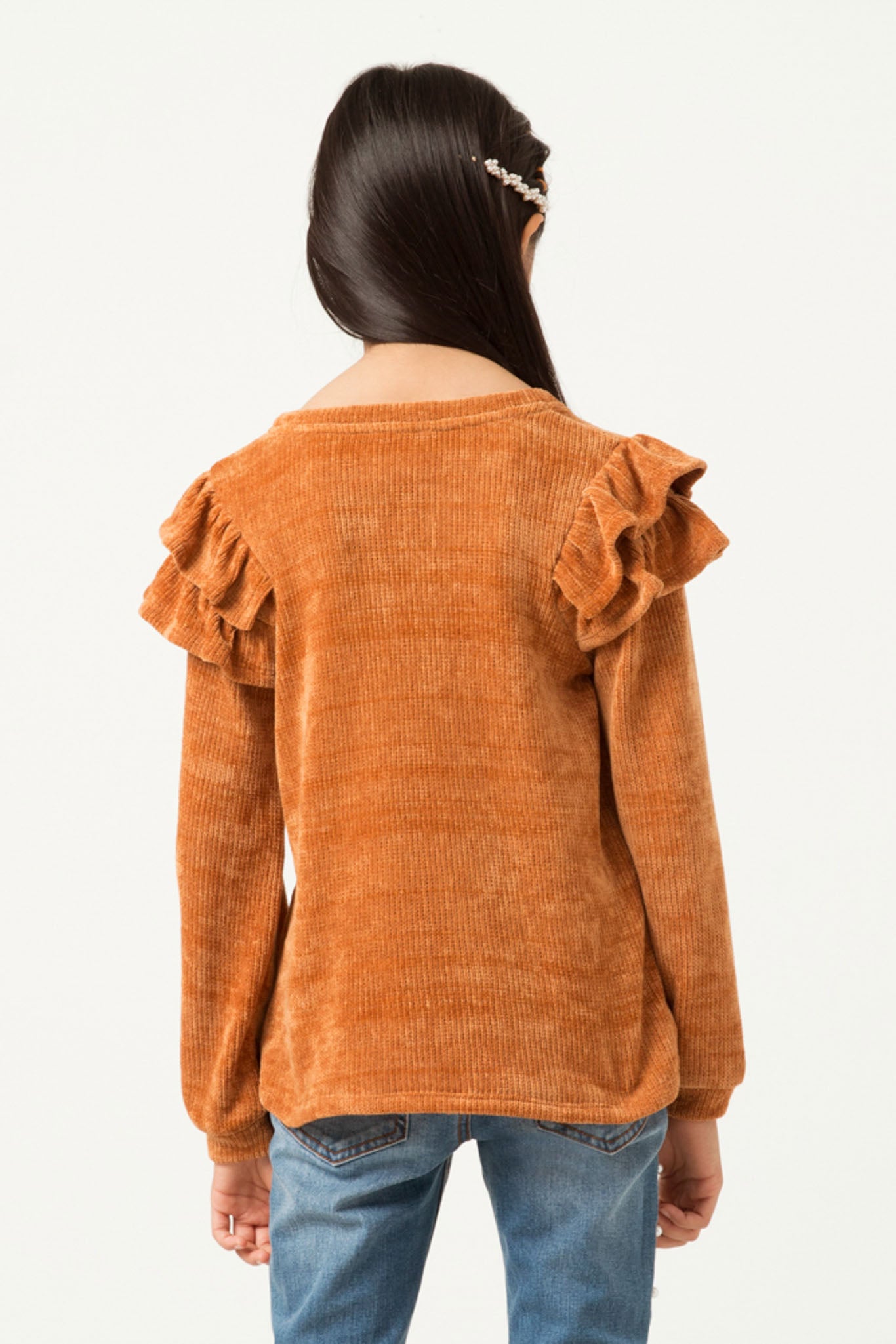 GY5410 CAMEL Girls Chenille Knit Ruffled Shoulder Top Back