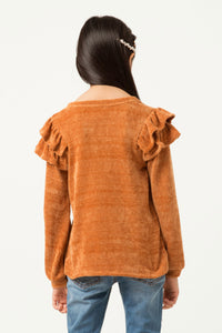 GY5410 CAMEL Girls Chenille Knit Ruffled Shoulder Top Back