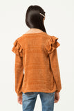 GY5410 CAMEL Girls Chenille Knit Ruffled Shoulder Top Back