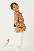 GY5419 CAMEL Girls Exaggerated Smocked Cuff Peplum Top Side