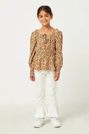 GY5419 CAMEL Girls Exaggerated Smocked Cuff Peplum Top Full Body
