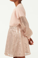 GY5432 PINK Girls Elastic Waist Sequin Flare Skirt Side