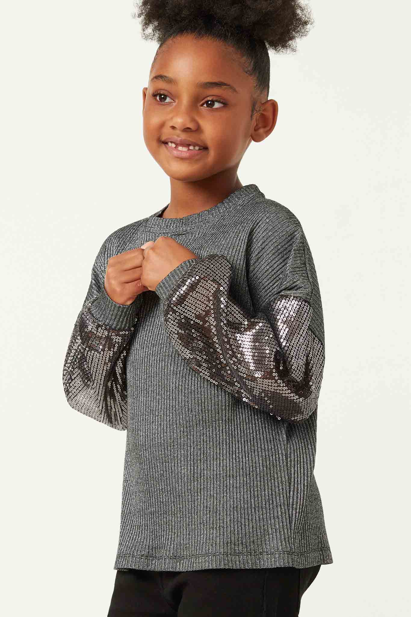Sequin Sleeve Metallic Rib Long Sleeve Top