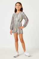 GY5437 Blue Girls Striped Sequin Long Sleeve Romper Full Body