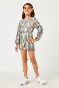 GY5437 Blue Girls Striped Sequin Long Sleeve Romper Full Body