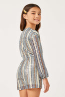 GY5437 Blue Girls Striped Sequin Long Sleeve Romper Back