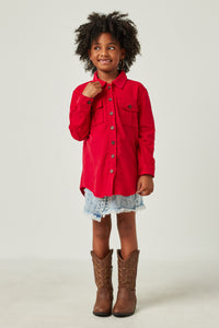 GY5449 FUCHSIA Girls Corduroy Patch Pocket Button Up Shirt Full Body