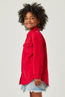 GY5449 FUCHSIA Girls Corduroy Patch Pocket Button Up Shirt Side