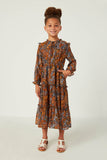 GY5461 Brown Girls Floral Print Ruffle Tie Neck Tiered Dress Full Body