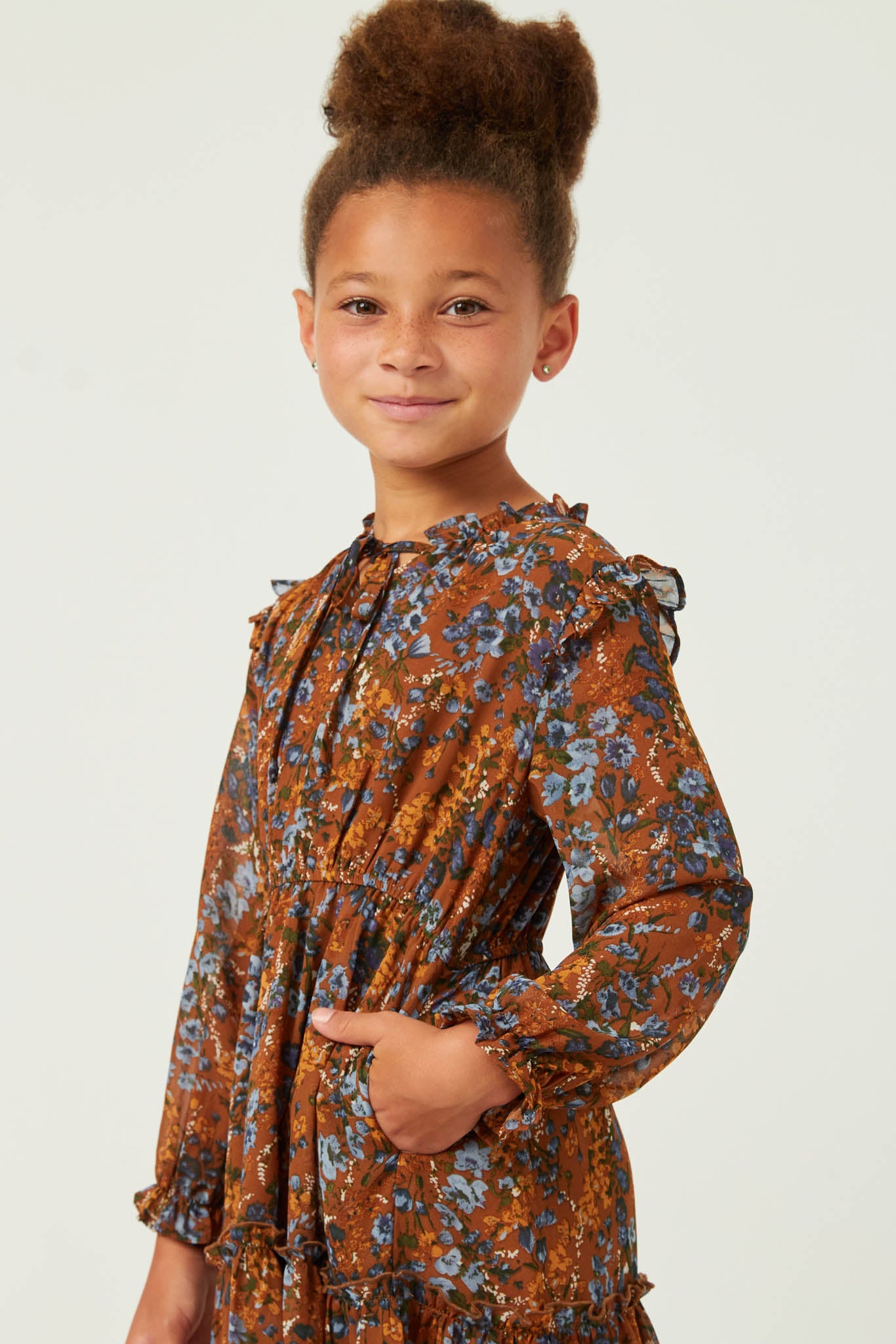 Floral Print Ruffle Tie Neck Tiered Dress