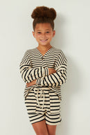 GY5501 OATMEAL Girls Contrast Stripe Sleeve Buttoned Cardigan Front