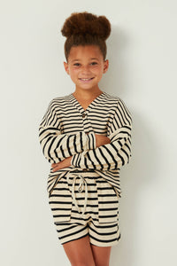 GY5501 OATMEAL Girls Contrast Stripe Sleeve Buttoned Cardigan Front