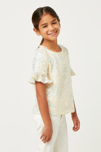 GY5508 OFF_WHITE Girls Ruffle Sleeve Scoop Neck Sequin Top Side