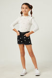 GY5518 BLACK Girls Floral Embroidered Frayed Denim Shorts Full Body