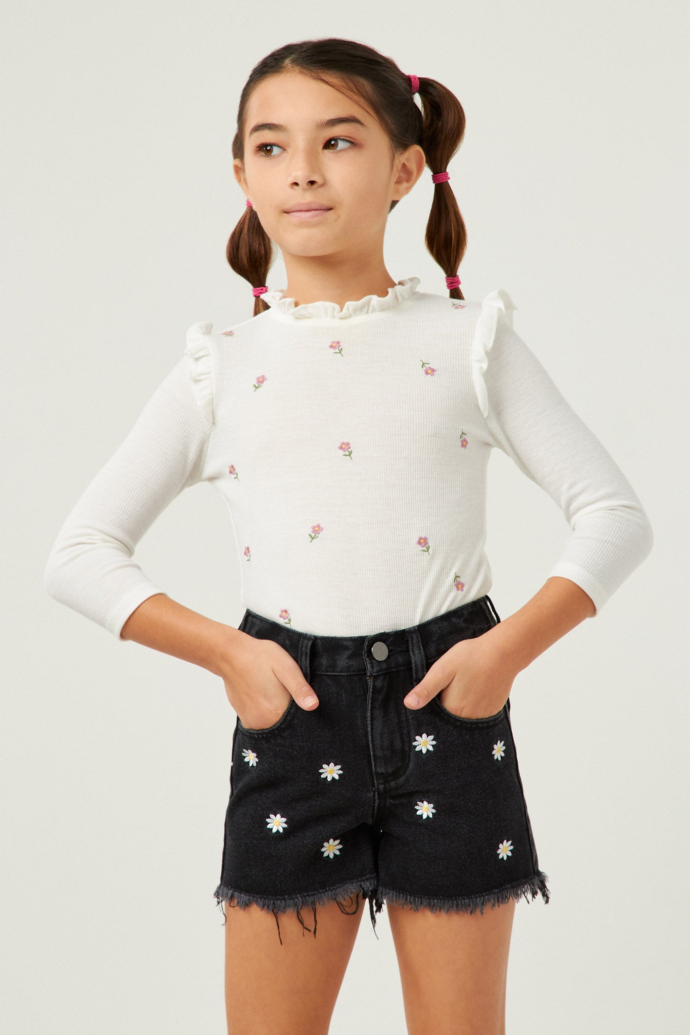 Floral Embroidered Frayed Denim Shorts