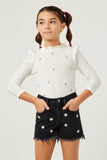 GY5518 BLACK Girls Floral Embroidered Frayed Denim Shorts Front