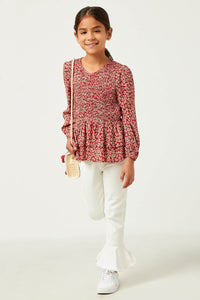 GY5521 RUST Girls Long Sleeve V Neck Smocked Tiered Peplum Full Body