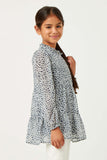 GY5522 NAVY Girls Long Sleeve Ditsy Floral Ruffle Neck Peplum Top Side