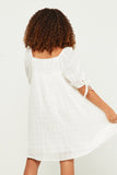 GY5525 OFF WHITE Girls Textured Solid Checkered Tie Sleeve Square Neck Dress Detail