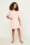 GY5525 PINK Girls Textured Solid Checkered Tie Sleeve Square Neck Dress Full Body