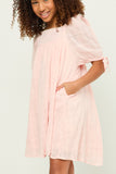 GY5525 PINK Girls Textured Solid Checkered Tie Sleeve Square Neck Dress Detail
