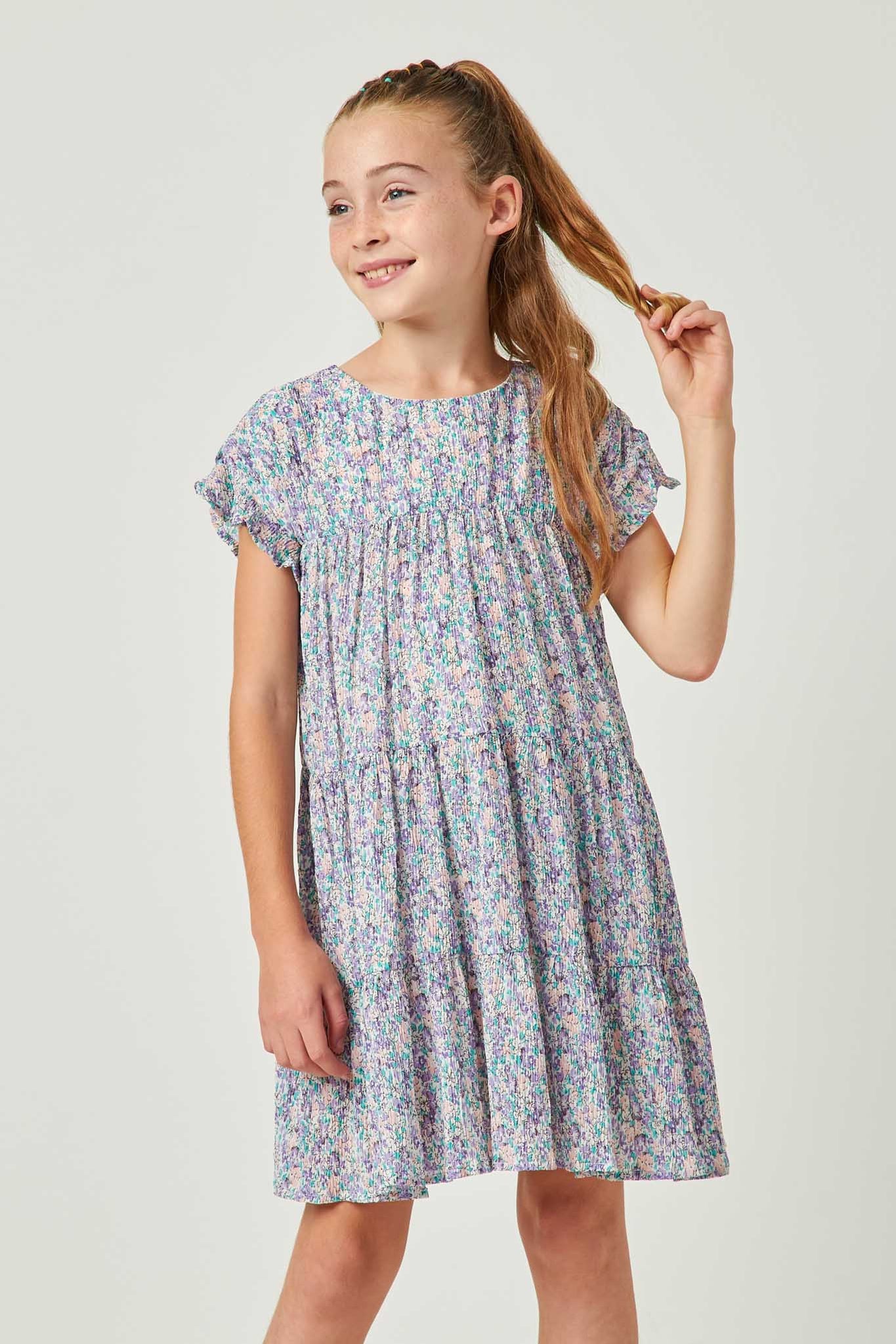 Crinkle Pleated Floral Ruffle Sleeve Dress