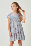 GY5528 Lavender Girls Crinkle Pleated Floral Ruffle Sleeve Dress Front
