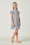 GY5528 Lavender Girls Crinkle Pleated Floral Ruffle Sleeve Dress Full Body 2