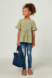GY5532 Mint Girls Crinkle Floral Ruffle Sleeve Top Full Body