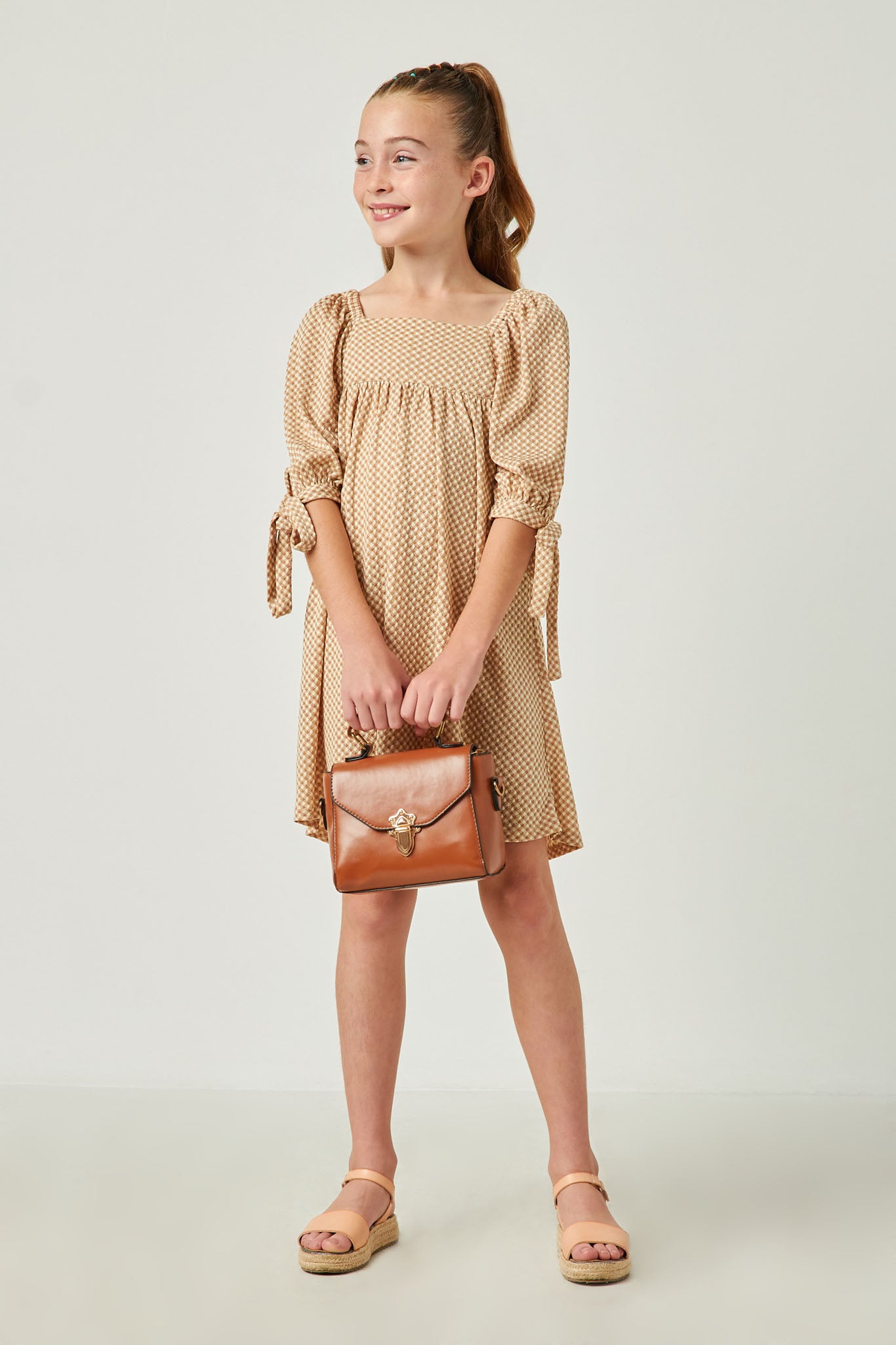 Gingham Square Neck Tie Sleeve Dress