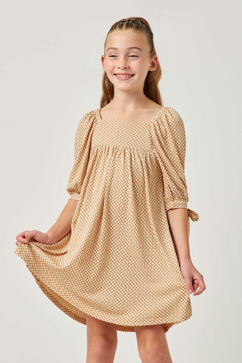 GY5545 YELLOW Girls Textured Knit Gingham Square Neck Tie Sleeve Dress Front