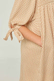 GY5545 YELLOW Girls Textured Knit Gingham Square Neck Tie Sleeve Dress Detail