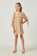 GY5545 YELLOW Girls Textured Knit Gingham Square Neck Tie Sleeve Dress Front 2