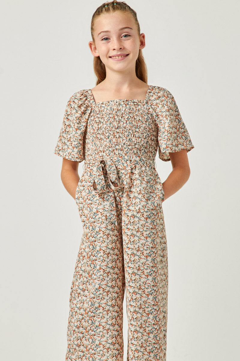 GY5546 CREAM Girls Square Neck Belted Palazzo Jumpsuit Detail