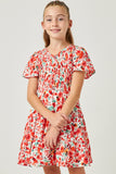 GY5551 RED Girls Floral Smocked V Neck Short Sleeve Dress Front