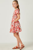 GY5551 RED Girls Floral Smocked V Neck Short Sleeve Dress Side
