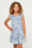 GY5570 BLUE Girls Botanical Print Lace Trim Square Neck Dress Front