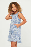 GY5570 BLUE Girls Botanical Print Lace Trim Square Neck Dress Side