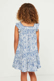 GY5570 BLUE Girls Botanical Print Lace Trim Square Neck Dress Back
