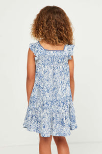 GY5570 BLUE Girls Botanical Print Lace Trim Square Neck Dress Back