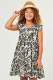 GY5572 IVORY Girls Botanical Print Ruffle Sleeveless Button Detail Dress Front