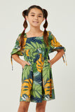 GY5573 Green Girls Tropical Leaf Print Tie Sleeve Square Neck Dress Front