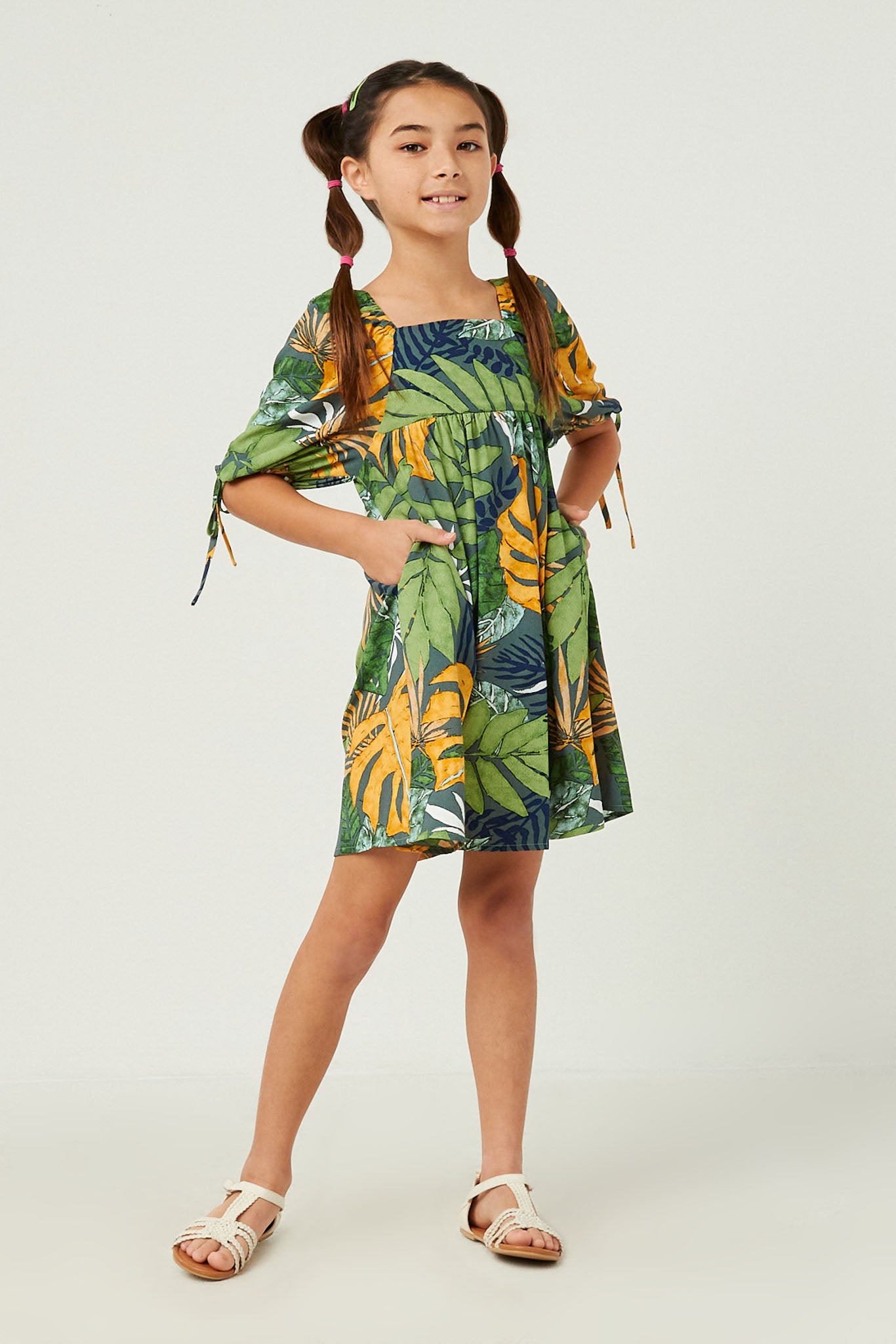 Tropical Leaf Print Tie Sleeve Square Neck Dress