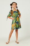 GY5573 Green Girls Tropical Leaf Print Tie Sleeve Square Neck Dress Full Body