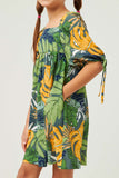 GY5573 Green Girls Tropical Leaf Print Tie Sleeve Square Neck Dress Side